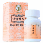 Frasco de pastillas Xiao Huo Luo Wan de De Bao, con caja decorativa naranja y blanca, que resalta sus ingredientes naturales y beneficios para la salud.