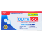 Caja de QuitaDol de Nature's Garden, un analgésico que contiene paracetamol 500 mg y dipirona 50 mg. Indicado para el alivio inmediato de dolores de cabeza, dolor articular, fiebre, molestias de la gripe y malestar corporal. Presentación de 10 tabletas recubiertas, administrado por vía oral. Ideal para quienes buscan una solución rápida y efectiva para el dolor y el malestar.
