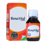 Imagen de un frasco de RenaVital, un suplemento alimenticio en jarabe de 120 ml, acompañado de su caja. RenaVital está diseñado para mejorar la salud y el bienestar, promoviendo la vitalidad y energía. Ideal para personas que buscan un refuerzo nutricional, este producto se presenta en un envase práctico y atractivo, destacando su calidad farmacéutica.