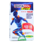 Imagen de la caja de Quita Dol Flex, un analgésico diseñado para aliviar el dolor articular, muscular, de cabeza, rodillas y espalda. Contiene acetaminofén y ofrece alivio hasta por 12 horas. Ideal para quienes buscan un tratamiento efectivo para el manejo del dolor.
