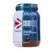 Imagen de un envase de proteína en polvo Dymatize ISO100 Hydrolyzed, que contiene 25 gramos de proteína por porción, 5.5 gramos de BCAA y 2.6 gramos de leucina. Sabor a chocolate gourmet y ofrece 20 porciones. Ideal para quienes buscan un suplemento de proteína de alta calidad y fácil digestión, perfecto para deportistas y entusiastas del fitness.