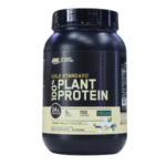 Proteína en polvo 100% vegetal Gold Standard de Optimum Nutrition, sabor vainilla cremosa, con 24 gramos de proteína por porción y 150 calorías, ideal para dietas veganas.