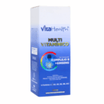 Envase de suplemento vitamínico multi vitamínico de la marca VitalHealth. Contiene vitaminas del complejo B y ginseng, diseñado para fortalecer el sistema inmunológico y mejorar la energía. Presentación en botella de 500 ml, ideal para complementar la dieta diaria y promover un bienestar general.
