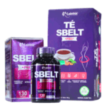Imagen de productos Labmac que incluyen el suplemento SBELT PRO en cápsulas y el té SBELT PRO. El envase del suplemento muestra 130 cápsulas y destaca ingredientes como la centella asiática. El té está diseñado para ayudar en la pérdida de peso y tiene un diseño atractivo en tonos morados. Ideal para quienes buscan complementar su dieta con opciones naturales.