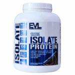 Envase de proteína aislada 100% de Evlution Nutrition, con 25 gramos de proteína por porción, 100 calorías, libre de gluten y grasas. Ideal para suplementar la dieta y apoyar el desarrollo muscular.