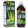 Botella de líquido de aloe vera de 500 ml, presentada en un envase verde y blanco, junto a su caja. Este complemento nutricional está enriquecido con vitamina E y se utiliza para mejorar la salud digestiva y la hidratación de la piel. Ideal para quienes buscan beneficios naturales y saludables del aloe vera.