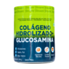 Envase de colágeno hidrolizado con glucosamina, sabor fresa, de 300 gramos. Este complemento alimenticio está diseñado para mejorar la salud de articulaciones, cabello, piel, uñas y huesos. Contiene ingredientes naturales y vitaminas, ideal para quienes buscan fortalecer su bienestar general.