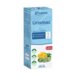 Envase de 500 ml de Urismac de Labmac, un complemento natural para el alivio de infecciones articulares y el cuidado de la salud renal. El diseño del envase incluye ilustraciones de plantas medicinales y sellos que destacan sus beneficios. Ideal para quienes buscan una alternativa natural para mejorar su bienestar.