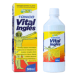 Tónico Vital Inglés de Nature's Pharma, presentado en envase de 500 ml. Suplemento alimenticio en jarabe con ingredientes como alfalfa, diente de león y menta. Ayuda a mejorar la salud general, alivia síntomas de fatiga, estrés y migrañas, y favorece el funcionamiento del sistema inmunológico. Ideal para combatir problemas respiratorios y mantener el bienestar.