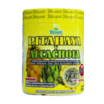 Complemento alimenticio en polvo Blessani de pitahaya y alcachofa. Este producto natural, que incluye avena, chía y sen, está diseñado para desintoxicar el colon y aumentar la energía. Ideal para quienes buscan mejorar su salud digestiva y bienestar general. Envase amarillo de 300 gramos.