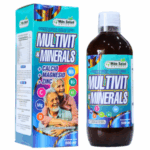 Frasco de suplemento líquido Multivit & Minerals de la marca Más Salud, con una capacidad de 500 ml. El producto está enriquecido con calcio, magnesio, zinc y vitaminas B3, B6, B1, D y E. Presenta una etiqueta colorida que destaca sus beneficios para la salud, especialmente para personas mayores. Ideal para complementar la dieta y mejorar el bienestar general.