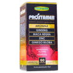 Suplemento nutricional Prostamen en cápsulas, formulado con arginina, ginseng, maca negra, zinc y ginkgo biloba. Cada caja contiene 60 cápsulas y está diseñado para contribuir al mantenimiento de niveles normales de testosterona. Ideal para quienes buscan mejorar su bienestar masculino y energía. Uso oral recomendado.