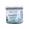 Frasco de aceite de coco 100% extra virgen de la marca Ecopacific. Producto ecuatoriano envasado en vidrio, ideal para usos culinarios y cosméticos. La etiqueta destaca que los ingredientes son exclusivamente aceite de coco. Perfecto para quienes buscan un producto natural y saludable.