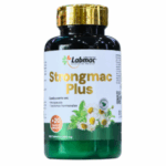 Frasco de Strongmac Plus de Labimac, un suplemento natural que ayuda a equilibrar los trastornos hormonales. Contiene 100 tabletas de 600 mg con ingredientes activos que promueven el bienestar hormonal. Ideal para quienes buscan apoyo en la salud hormonal de manera natural.