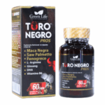 Suplemento nutricional Turo Negro Pros de Green Life en cápsulas, que contiene ingredientes como maca negra, saw palmetto, fenogreco, L-arginina, ginseng, DHA y vitamina B6. Presentado en un envase de 60 cápsulas, ideal para mejorar la salud y el bienestar.