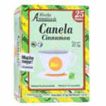 Caja de hierba aromática de canela, que contiene 25 bolsitas de 37.5 g. Producto de Ecuador, ideal para preparar infusiones. Presenta un diseño colorido y atractivo, resaltando la calidad del producto. Perfecta para disfrutar de una bebida caliente y reconfortante, la canela ofrece beneficios para la salud y un sabor delicioso.
