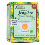 Caja de infusión de jengibre de 25 bolsitas, producto de Ecuador. La presentación incluye información sobre el peso neto de 37.5 g y destaca su calidad. Ideal para quienes buscan una bebida aromática y saludable. Perfecto para disfrutar en cualquier momento del día.