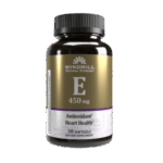 Suplemento de vitamina E de 450 mg en cápsulas blandas, diseñado para la salud del corazón y propiedades antioxidantes, presentado en un frasco de 30 unidades de Windmill Natural Vitamins.