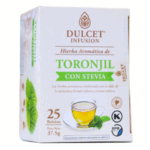 Caja de infusión de toronjil con stevia de la marca Dulcet, que contiene 25 bolsitas. Este producto ofrece una mezcla de hierbas aromáticas que resaltan el sabor natural y los beneficios para la salud. Ideal para quienes buscan una bebida reconfortante y dulce sin azúcar añadida. Peso neto de 37.5 gramos.