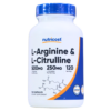 Suplemento de L-Arginina y L-Citrulina de Nutricost en frasco de 120 cápsulas. Cada porción contiene 500 mg de L-Arginina y 250 mg de L-Citrulina, diseñado para mejorar el rendimiento físico y la salud cardiovascular. Ideal para deportistas y personas activas que buscan aumentar su energía y resistencia.