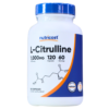 Suplemento de L-Citrulina de Nutricost en frasco de 120 cápsulas, cada una con 1,000 mg de L-Citrulina. Ideal para mejorar el rendimiento deportivo y la recuperación muscular. Este producto proporciona 60 porciones, siendo una opción popular entre atletas y entusiastas del fitness.
