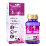 Suplemento My Biotina de Green Life, que contiene 60 cápsulas. Está formulado con biotina, colágeno y vitaminas, diseñado para promover una piel hidratada, cabello sano y huesos fuertes. Ideal para quienes buscan mejorar su salud capilar y mantener una piel radiante.