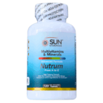 Suplemento de multivitaminas y minerales Sun Vitamins Nutrum, fórmula avanzada, contiene 120 tabletas. Diseñado para proporcionar una alta absorción de nutrientes esenciales de la A a la Z, este producto es ideal para quienes buscan mejorar su salud y bienestar general. Perfecto para complementar una dieta equilibrada y apoyar el sistema inmunológico.
