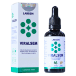 Frasco de 50 ml de VIRALSEM de LABSEM, un extracto líquido a base de hierbas, diseñado para preparar infusiones de Tilo, Vendas y Pejibaye. Incluye su caja de presentación.
