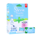 Caja de edulcorante en polvo Stevia Powder de Green Life, que contiene 100 sobres. Ideal para endulzar bebidas y alimentos sin agregar calorías, manteniendo el sabor original. Producto natural y saludable, perfecto para quienes buscan alternativas a los azúcares tradicionales.