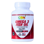 Frasco de suplemento nutricional CBN Omega 3 Fish Oil, que contiene ácidos grasos omega 3 (EPA y DHA). El envase incluye 60 cápsulas blandas de 750 mg cada una. Producto fabricado en EE. UU. y registrado en una instalación aprobada. Ideal para promover la salud cardiovascular y el bienestar general.