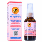Tinte de propóleo al 10% en presentación de spray de 30 ml, sabor fresa, de Laboratorios La Melifera. Producto natural de venta libre, ideal para fortalecer el sistema inmunológico y mejorar la salud respiratoria. Embalaje atractivo y fácil de usar, adecuado para toda la familia.