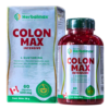 Suplemento dietético Colon Max Intensive de Herbalmax, que contiene L-Glutamina y una mezcla de ingredientes naturales como cáscara sagrada, anís, orégano, sello de oro, ruibarbo y extracto de hoja de olivo. Presentado en un frasco de 60 cápsulas de 600 mg, ideal para el bienestar digestivo. Producto fabricado en Canadá.