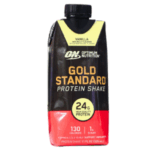 Batido de proteínas Gold Standard de Optimum Nutrition en sabor vainilla, con 24 g de proteína por porción. Presenta 130 calorías y solo 1 g de azúcar. Ideal para quienes buscan un suplemento de alta calidad para apoyar su entrenamiento y recuperación muscular. Envase de 11 fl oz (325 ml), práctico para llevar y consumir en cualquier momento del día.