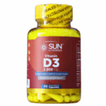Frasco de vitaminas D3 de la marca Sun Vitamins, que contiene 90 cápsulas de 2000 UI. Este suplemento está diseñado para apoyar la salud ósea, dental y muscular, así como para fortalecer el sistema inmunológico. Ideal para quienes buscan mejorar su bienestar general y asegurar una ingesta adecuada de vitamina D.