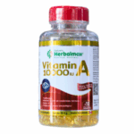 Frasco de vitaminas A 10,000 IU de Herbalmax, contiene 150 gelatinas blandas, formulado para apoyar la salud inmunológica y mantener condiciones normales de la piel y la visión.