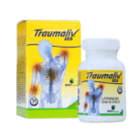 Imagen de un frasco de 30 cápsulas de Traumaliv Plus, un suplemento diseñado para aliviar el dolor muscular y articular. El envase incluye un diseño gráfico que muestra un esqueleto humano resaltando las áreas de dolor. Traumaliv Plus es ideal para quienes buscan un tratamiento natural y efectivo para mejorar su bienestar físico.