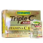 Suplemento nutricional efervescente Triple C de Nature's Garden, que proporciona 1000 mg de vitamina C por porción. Incluye complejo B, colecalciferol (vitamina D3), magnesio y zinc, ideal para fortalecer el sistema inmunológico y mejorar la salud general. Presentación en caja con sobres individuales para facilitar su consumo.
