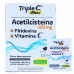 Imagen de un paquete de suplemento nutricional efervescente Triple C Fluid, que contiene Acetilcisteína 300 mg, Piridoxina y Vitamina C. El envase incluye 30 sobres individuales de polvo efervescente, diseñado para la administración oral, con un contenido neto de 90 g. Ideal para mejorar la salud respiratoria y fortalecer el sistema inmunológico.