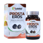 Suplemento Prosta Eros de Labmac, que contiene maca negra, presentado en un frasco de 60 cápsulas. Este producto está diseñado para potenciar el poder sexual, mejorar la función eréctil y contribuir a la salud de la próstata. Ideal para hombres que buscan un apoyo natural en su bienestar sexual y prostático.