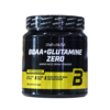 Envase de polvo de aminoácidos BioTechUSA BCAA + Glutamina Zero, sabor limón. Contiene 480 gramos y ofrece una proporción de 5:5:0 de BCAA y glutamina. Es libre de gluten y azúcar, ideal para quienes buscan mejorar su rendimiento deportivo y recuperación muscular. Perfecto para mezclar con agua y disfrutar de una bebida energética y nutritiva.