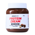 Crema de proteína BioTechUSA sabor cacao y avellana en envase de 400 gramos. Producto sin gluten, fuente de proteína y libre de aceite de palma. Ideal para complementar dietas saludables y mejorar el rendimiento físico. Perfecta para untar en tostadas, batidos o como ingrediente en postres saludables.