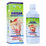 Imagen de un producto llamado Urisan de Zarzapharma, presentado en una botella de 500 ml. La etiqueta destaca sus propiedades como diurético, gastroprotector y antiinflamatorio, enfatizando que ayuda a eliminar el ácido úrico. Ideal para personas que buscan un tratamiento natural para controlar niveles altos de ácido úrico. La caja incluye información adicional sobre los beneficios del producto y su uso recomendado.