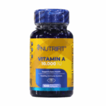Frasco de vitaminas A Nutrifit, 10,000 IU, con 100 geles blandos. Promueve la salud ocular y un sistema inmunológico saludable.