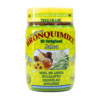 Envase de Brónquimiel, jalea original que combina miel de abeja, eucalipto, propóleos y jengibre. El producto está diseñado para fortalecer el sistema inmunológico y aliviar problemas respiratorios. Ideal para quienes buscan un remedio natural y saludable. Presentación en frasco amarillo con diseño atractivo.