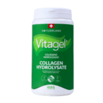 Envase de Vitagel colágeno hidrolizado de 410g, diseñado para mejorar la salud de la piel, articulaciones y cabello. Producto de Suiza, ideal para suplementación diaria.