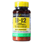 Frasco de suplemento alimenticio Mason Naturals de vitamina B-12, 500 mcg, que contiene 30 tabletas. Este producto está diseñado para apoyar la conversión de alimentos en energía.