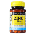 Suplemento de zinc chelatado de 30 mg de Mason Natural, presentado en frasco de 100 tabletas. Este producto está diseñado para apoyar la salud inmunológica. Ideal para quienes buscan un refuerzo en su sistema inmunitario y bienestar general.