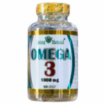 Suplemento de Omega 3 de Living Natural, 1000 mg por porción, presentado en un frasco de 60 cápsulas. Ideal para apoyar la salud cardiovascular y cerebral. Este producto es una fuente rica en ácidos grasos esenciales, promoviendo el bienestar general. Perfecto para quienes buscan mejorar su dieta con suplementos naturales.