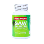 Frasco de suplemento de extracto de saw palmetto de la marca Only Natural, con 1000 mg por porción. Contiene 60 cápsulas blandas. El saw palmetto es conocido por sus beneficios en la salud prostática y el equilibrio hormonal. Ideal para quienes buscan soporte natural.