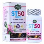 Suplemento alimenticio ST50 de Julguer, que contiene jícama y ñame, diseñado para aportar estrógenos vegetales. Presentado en un frasco de 90 cápsulas, este producto es rico en fitonutrientes, minerales y vitaminas, ideal para quienes buscan un apoyo natural en su salud hormonal.